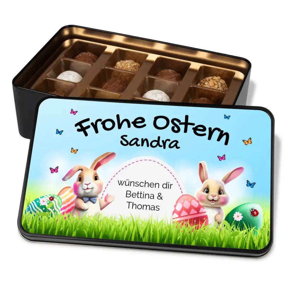 Geschenkdose mit Pralinen personalisiert mit Namen + Wunschtext „Frohe Ostern“ mit Ostereier & Osterhasen