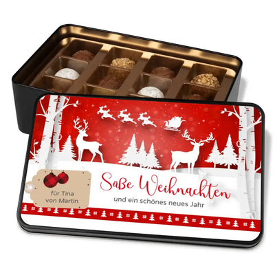 Geschenkdose mit Pralinen personalisiert mit Namen „Süße Weihnachten und ein schönes neues Jahr“ / Winterwald
