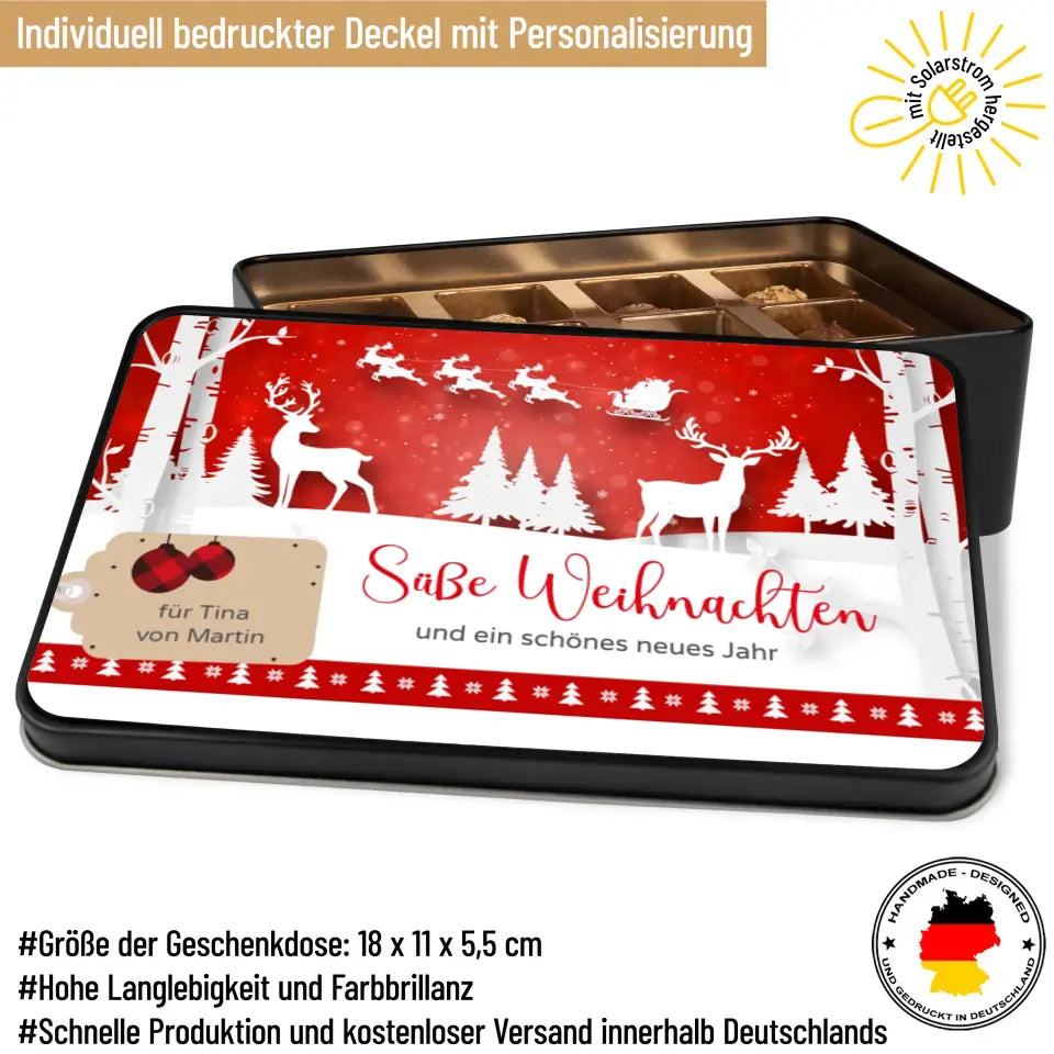 Geschenkdose mit Pralinen personalisiert mit Namen „Süße Weihnachten und ein schönes neues Jahr“ / Winterwald