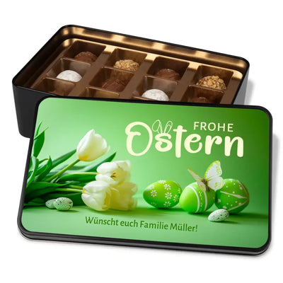 Geschenkdose mit Pralinen personalisiert „Frohe Ostern" mit Wunschtext