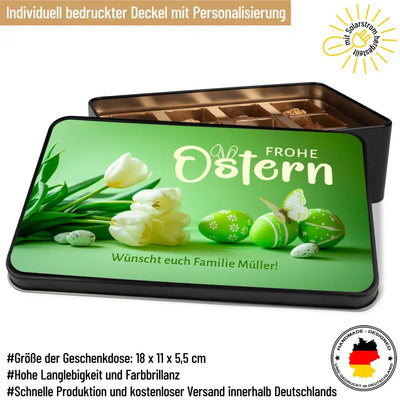 Geschenkdose mit Pralinen personalisiert „Frohe Ostern" mit Wunschtext