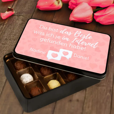 Geschenkdose mit Pralinen personalisiert „Du bist das Beste was ich je im Internet gefunden habe!" mit Wunschtext