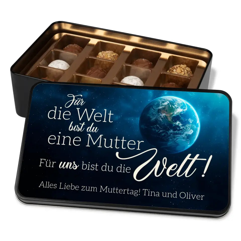 Geschenkdose mit Pralinen personalisiert „Für die Welt bist du eine Mutter. Für uns bist du die Welt!" mit Wunschtext