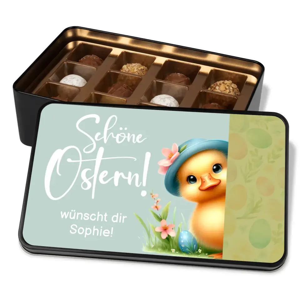 Geschenkdose mit Pralinen personalisiert „Schöne Ostern!" (Enten-Motiv) mit Wunschtext