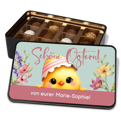 Geschenkdose mit Pralinen personalisiert „Schöne Ostern!" (Küken-Motiv) mit Wunschtext