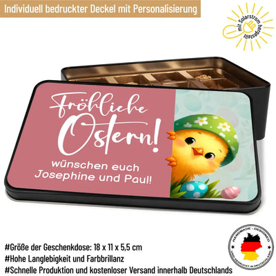 Geschenkdose mit Pralinen personalisiert „Fröhliche Ostern!" (Küken-Motiv) mit Wunschtext