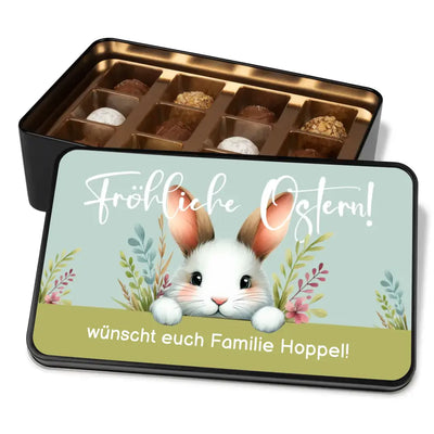 Geschenkdose mit Pralinen personalisiert „Fröhliche Ostern!" (Hasen-Motiv) mit Wunschtext