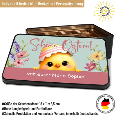 Geschenkdose mit Pralinen personalisiert „Schöne Ostern!" (Küken-Motiv) mit Wunschtext