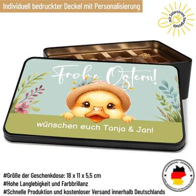 Geschenkdose mit Pralinen personalisiert „Frohe Ostern!" (Enten-Motiv) mit Wunschtext