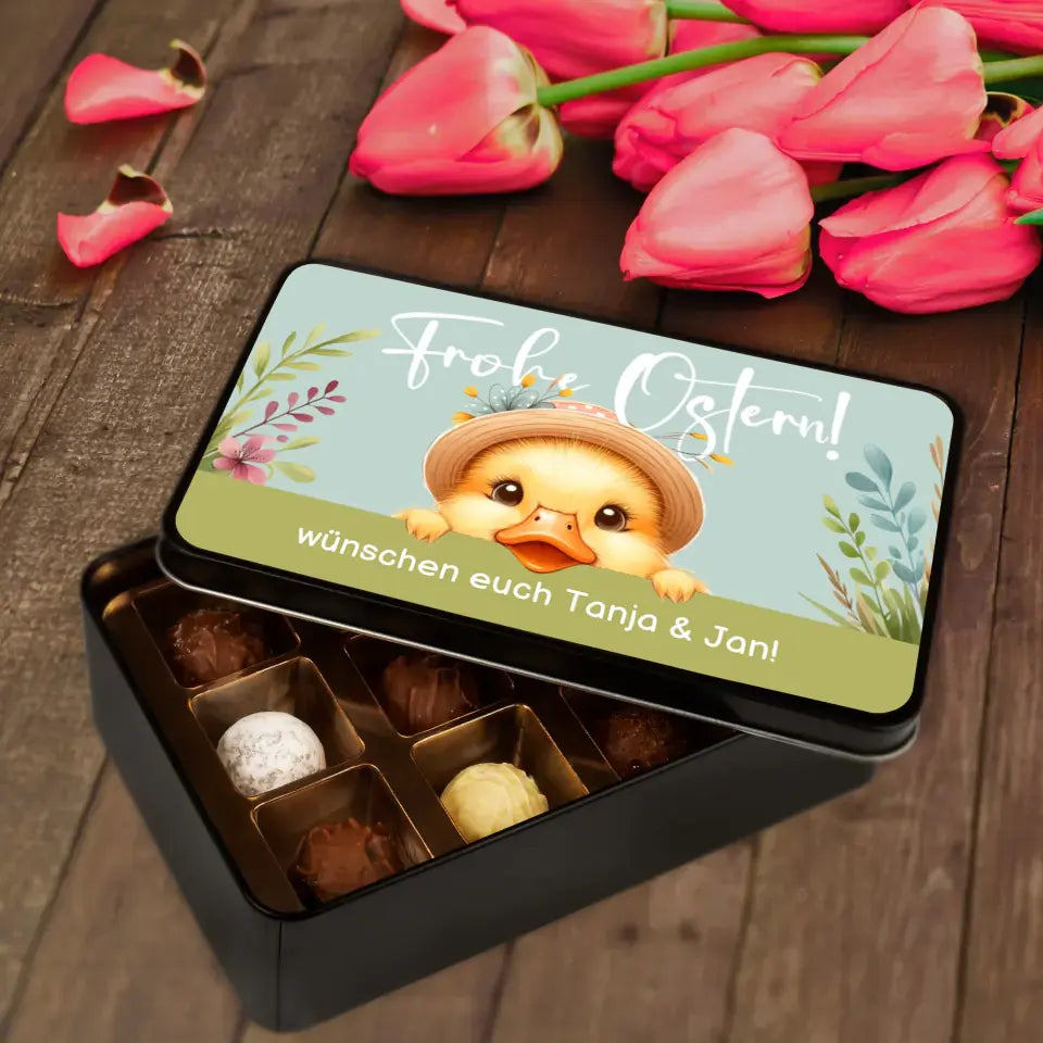 Geschenkdose mit Pralinen personalisiert „Frohe Ostern!" (Enten-Motiv) mit Wunschtext