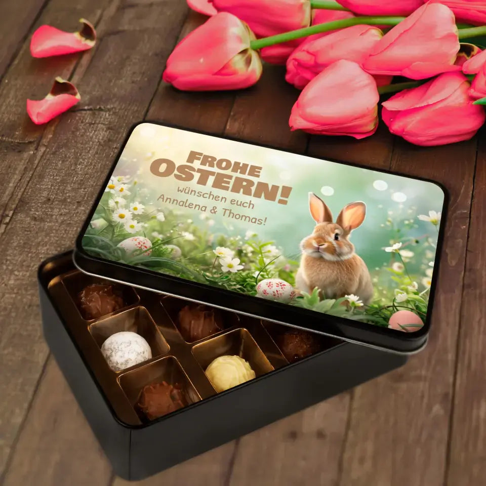 Geschenkdose mit Pralinen personalisiert „Frohe Ostern!" (Hasen-Motiv) mit Wunschtext