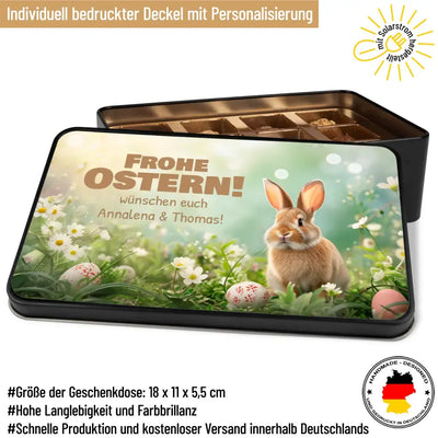 Geschenkdose mit Pralinen personalisiert „Frohe Ostern!" (Hasen-Motiv) mit Wunschtext