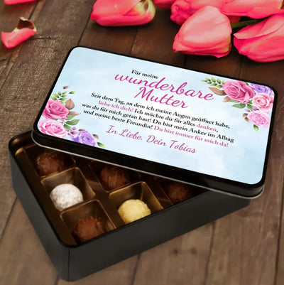 Geschenkdose mit Pralinen personalisiert „Für meine wunderbare Mutter" mit Wunschtext