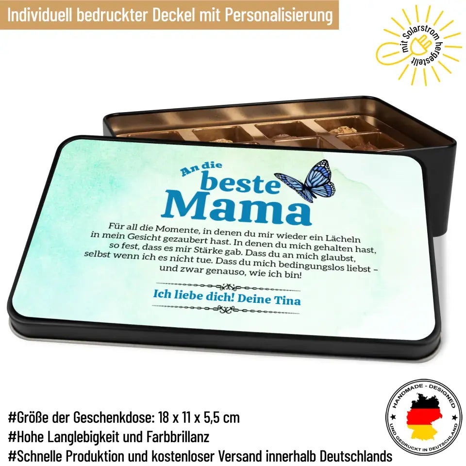 Geschenkdose mit Pralinen personalisiert „An die beste Mama-Schmetterling" mit Wunschtext
