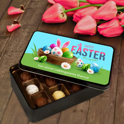 Geschenkdose mit Pralinen personalisiert „Happy Easter - Osterkorb mit Ohren" mit Wunschtext