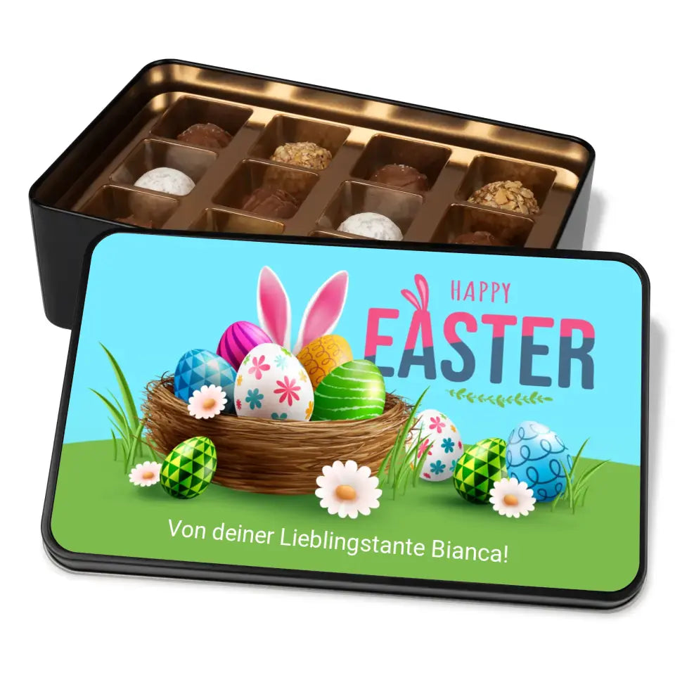 Geschenkdose mit Pralinen personalisiert „Happy Easter - Osterkorb mit Ohren" mit Wunschtext
