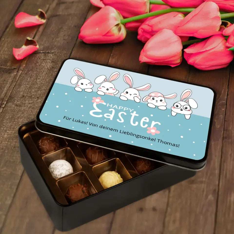 Geschenkdose mit Pralinen personalisiert „Happy Easter - Osterhasen" mit Wunschtext