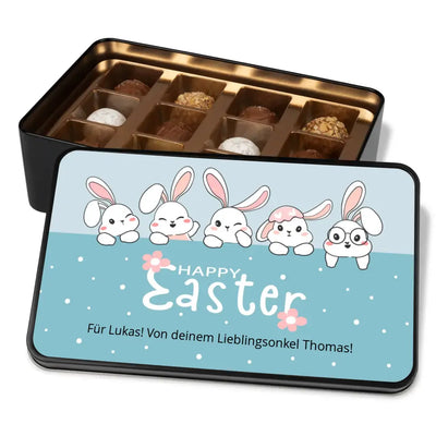 Geschenkdose mit Pralinen personalisiert „Happy Easter - Osterhasen" mit Wunschtext