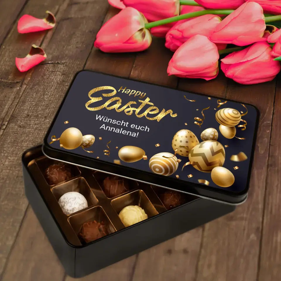 Geschenkdose mit Pralinen personalisiert „Happy Easter - Ostereier" mit Wunschtext