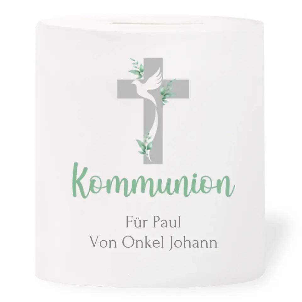 Spardose "Kommunion - Kreuz mit Blättern" personalisiert mit Wunschtext