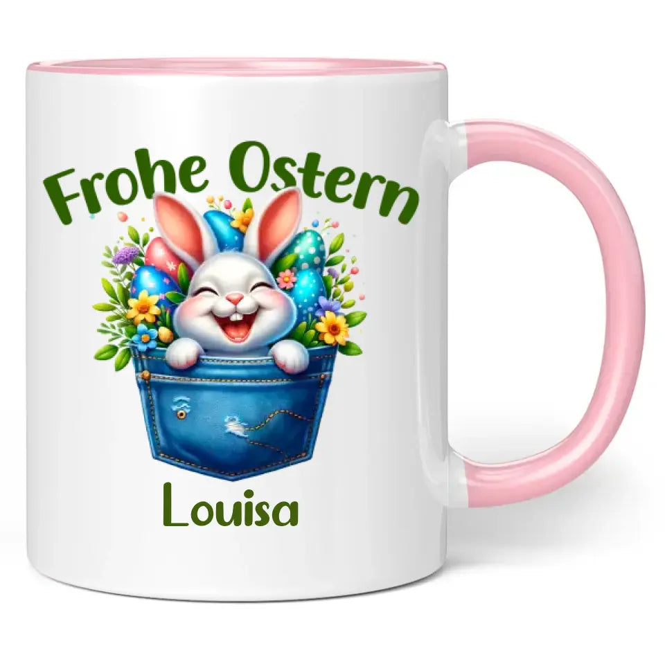 Tasse "Frohe Ostern - Osterhase in Tasche" mit Wunschname