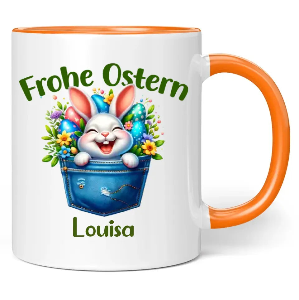 Tasse "Frohe Ostern - Osterhase in Tasche" mit Wunschname