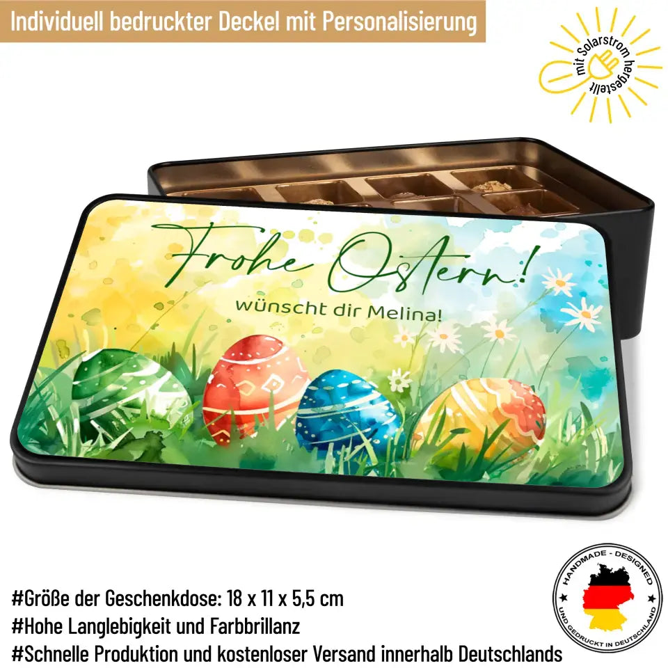 Geschenkdose mit Pralinen personalisiert „Frohe Ostern-Ostereier-Aquarell" mit Wunschtext