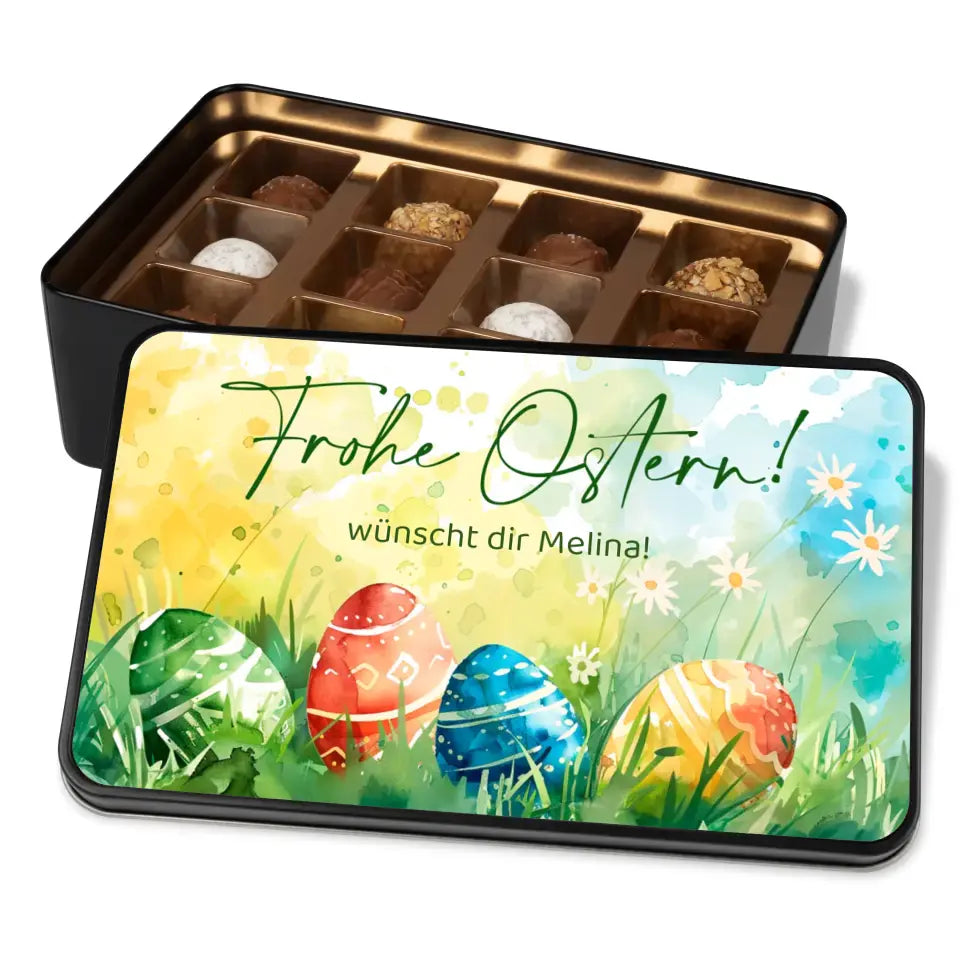 Geschenkdose mit Pralinen personalisiert „Frohe Ostern-Ostereier-Aquarell" mit Wunschtext