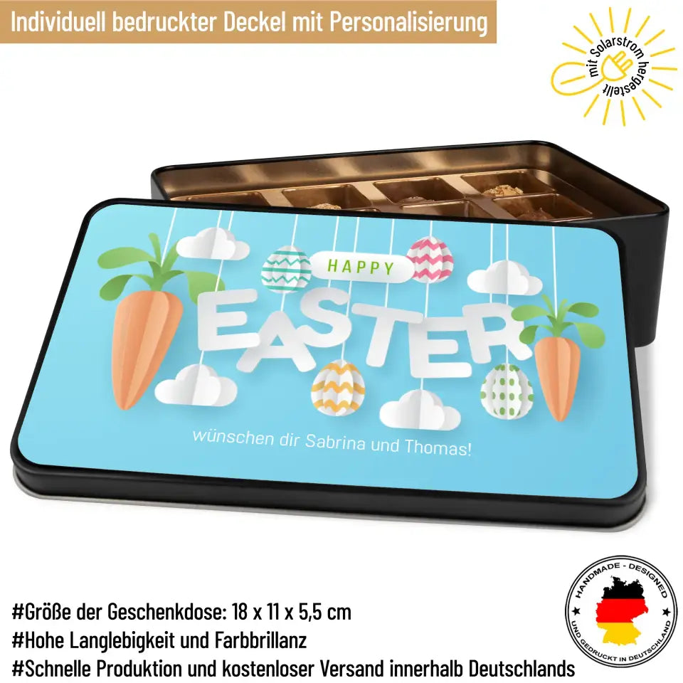 Geschenkdose mit Pralinen personalisiert „Happy Easter-Karotten-Wolken" mit Wunschtext