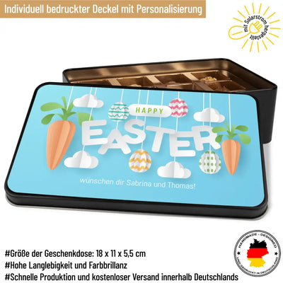 Geschenkdose mit Pralinen personalisiert „Happy Easter-Karotten-Wolken" mit Wunschtext