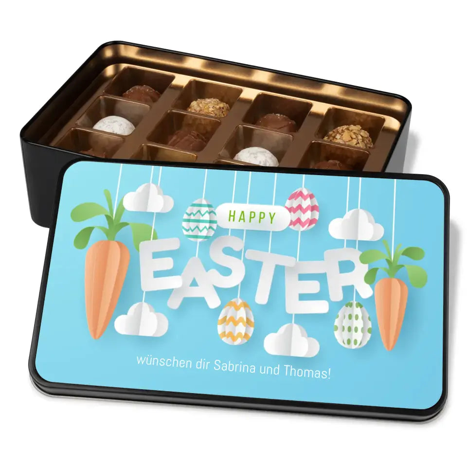 Geschenkdose mit Pralinen personalisiert „Happy Easter-Karotten-Wolken" mit Wunschtext