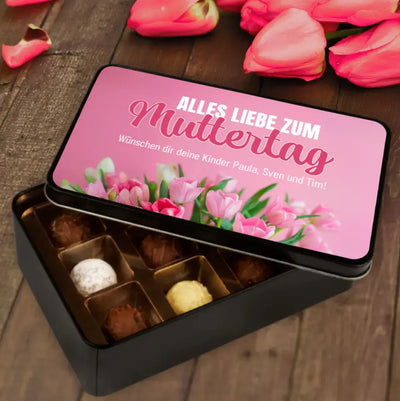 Geschenkdose mit Pralinen personalisiert „Alles Liebe zum Muttertag-Rosa Tulpen" mit Wunschtext