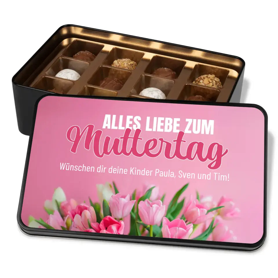 Geschenkdose mit Pralinen personalisiert „Alles Liebe zum Muttertag-Rosa Tulpen" mit Wunschtext