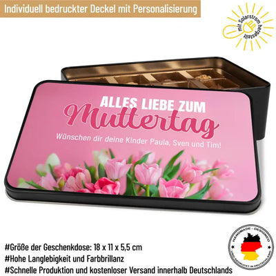 Geschenkdose mit Pralinen personalisiert „Alles Liebe zum Muttertag-Rosa Tulpen" mit Wunschtext