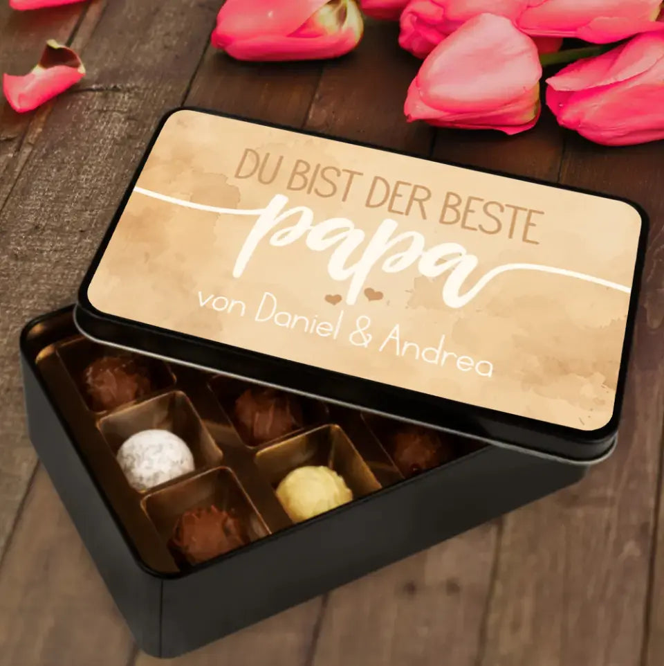 Geschenkdose mit Pralinen personalisiert „Du bist der Beste Papa" mit Wunschtext