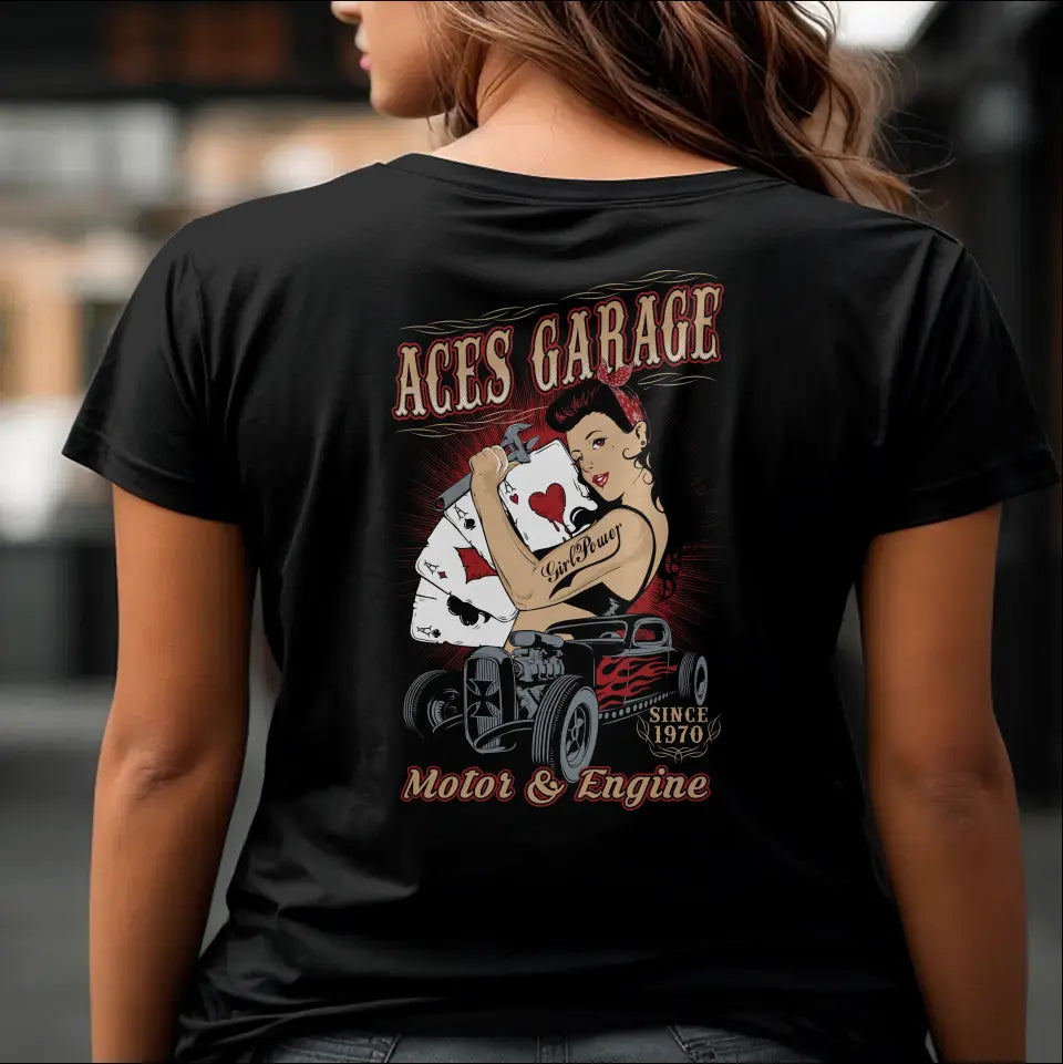 T-Shirt "Aces Garage - Motor & Engine" mit anpassbarem Druck