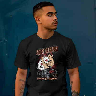 T-Shirt "Aces Garage - Motor & Engine" mit anpassbarem Druck