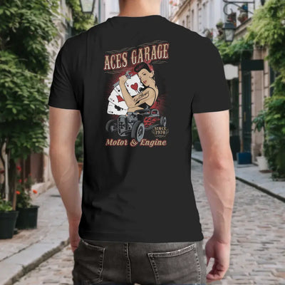 T-Shirt "Aces Garage - Motor & Engine" mit anpassbarem Druck