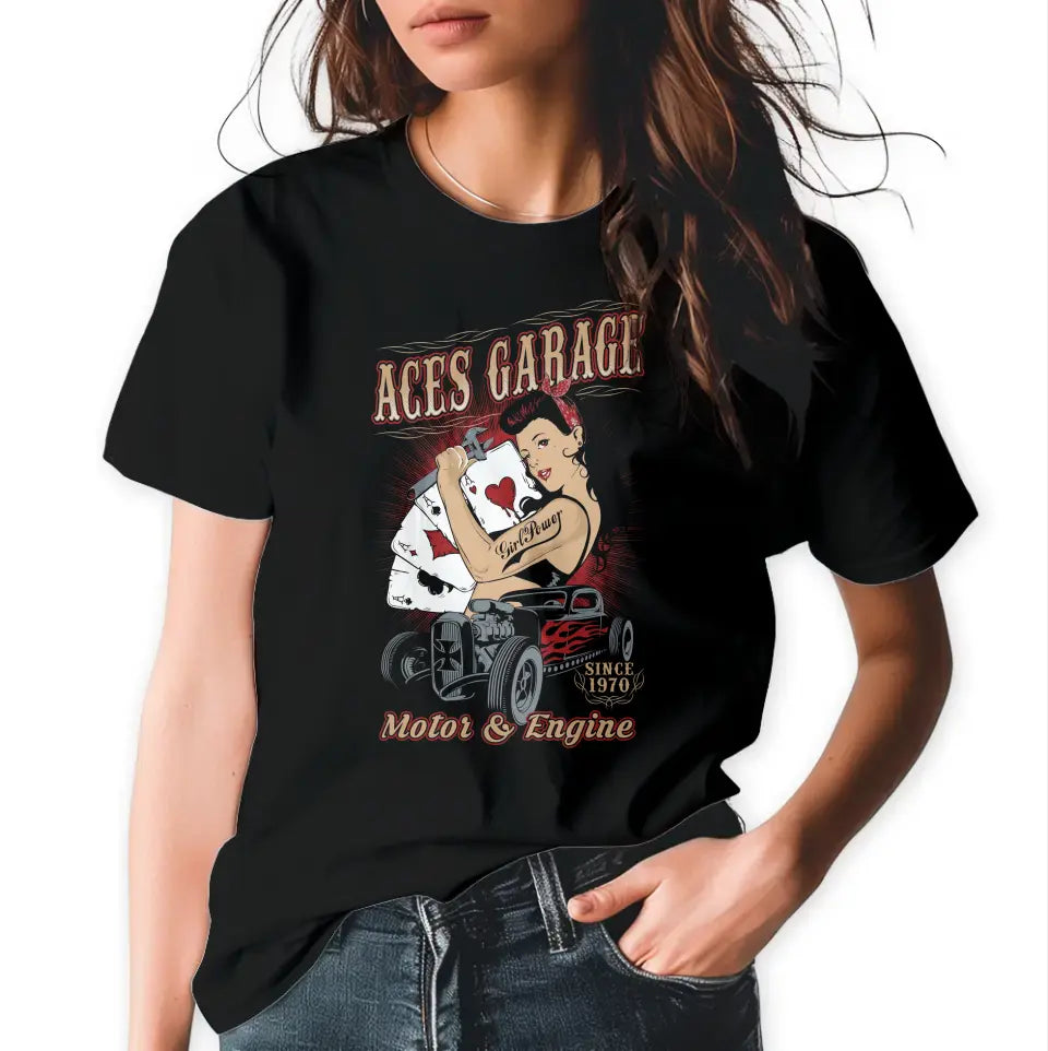 T-Shirt "Aces Garage - Motor & Engine" mit anpassbarem Druck