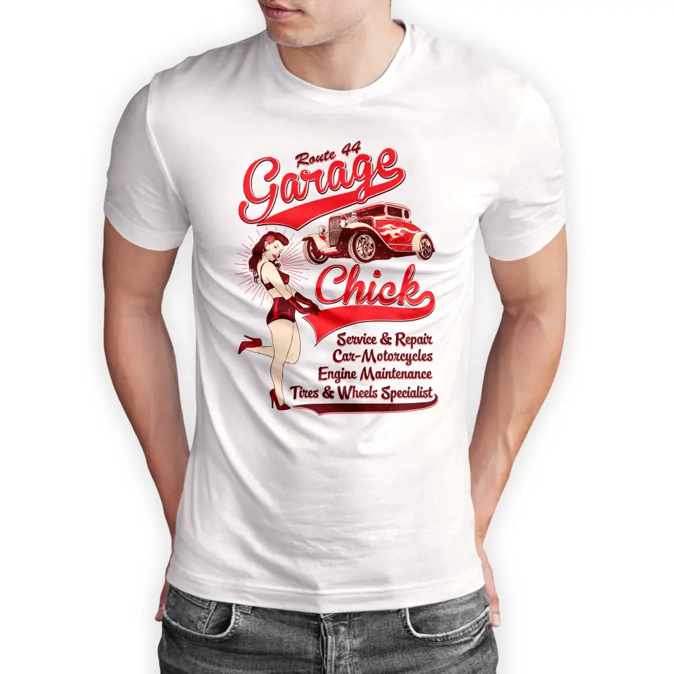 T-Shirt "Garage Chick" mit anpassbarem Druck