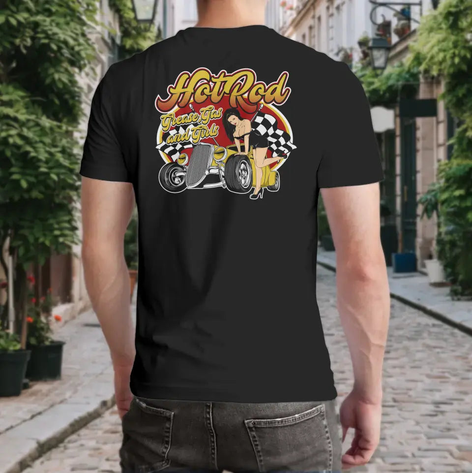 T-Shirt "Hot Rod - Grease, Gas and Girls" mit anpassbarem Druck