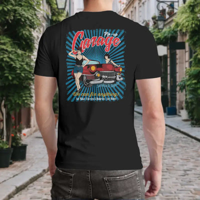 T-Shirt "Pin-Up Garage - We can fix anything" mit anpassbarem Druck