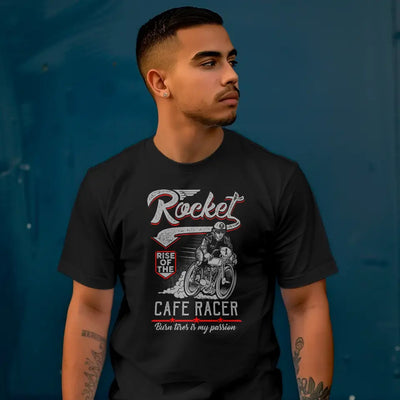 T-Shirt "Rocket - Rise Of The Cafe Racer - Burn tires is my passion" mit anpassbarem Druck