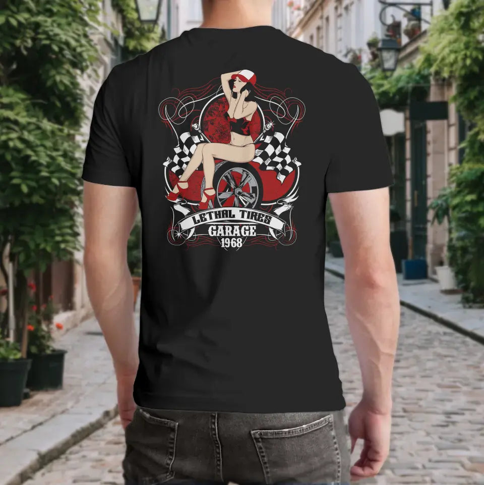 T-Shirt "Lethal Tires Garage 1968" mit anpassbarem Druck