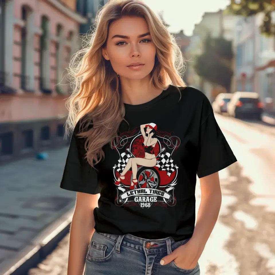 T-Shirt "Lethal Tires Garage 1968" mit anpassbarem Druck
