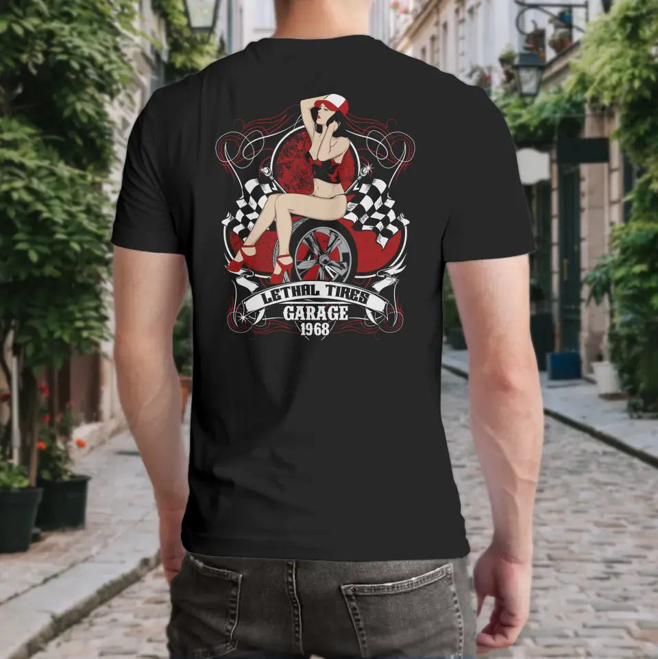T-Shirt "Lethal Tires Garage 1968" mit anpassbarem Druck