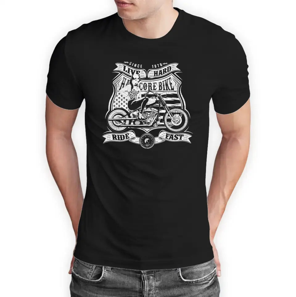 T-Shirt "Hardcore Bike - Live Hard - Ride Fast" mit anpassbarem Druck