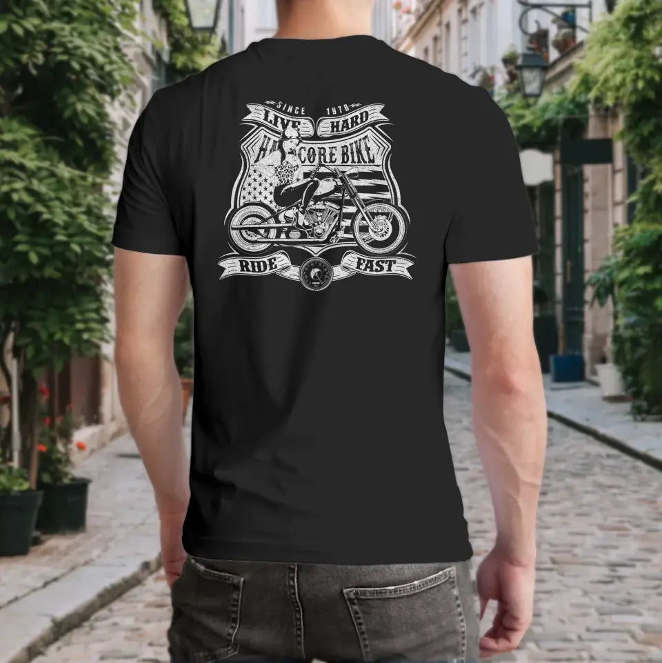 T-Shirt "Hardcore Bike - Live Hard - Ride Fast" mit anpassbarem Druck