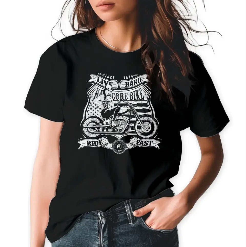 T-Shirt "Hardcore Bike - Live Hard - Ride Fast" mit anpassbarem Druck