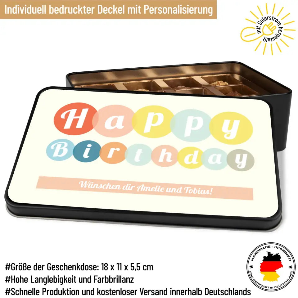 Geschenkdose mit Pralinen personalisiert „Happy Birthday" mit Wunschtext